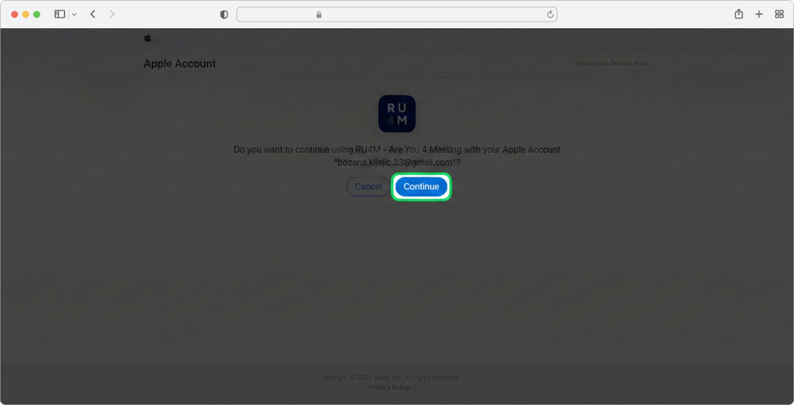 Click Continue to allow Apple permissions