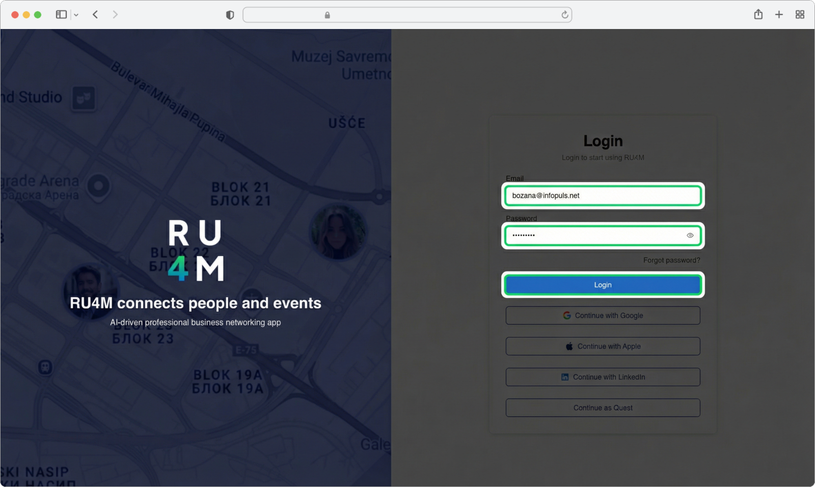 Enter your email and password, then click the Login button