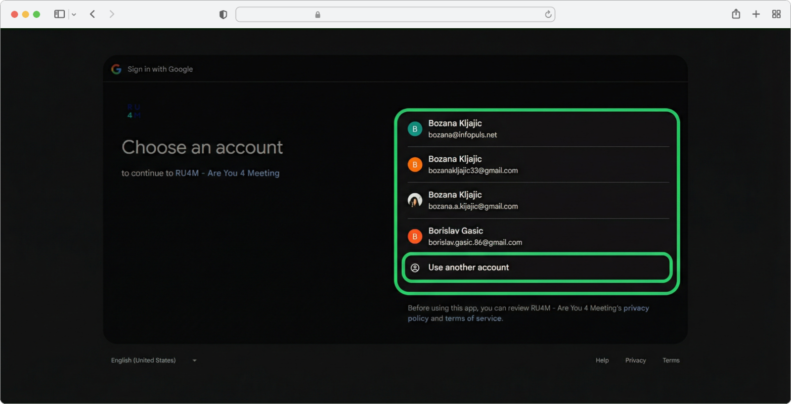 Select your Google account or click Use another account