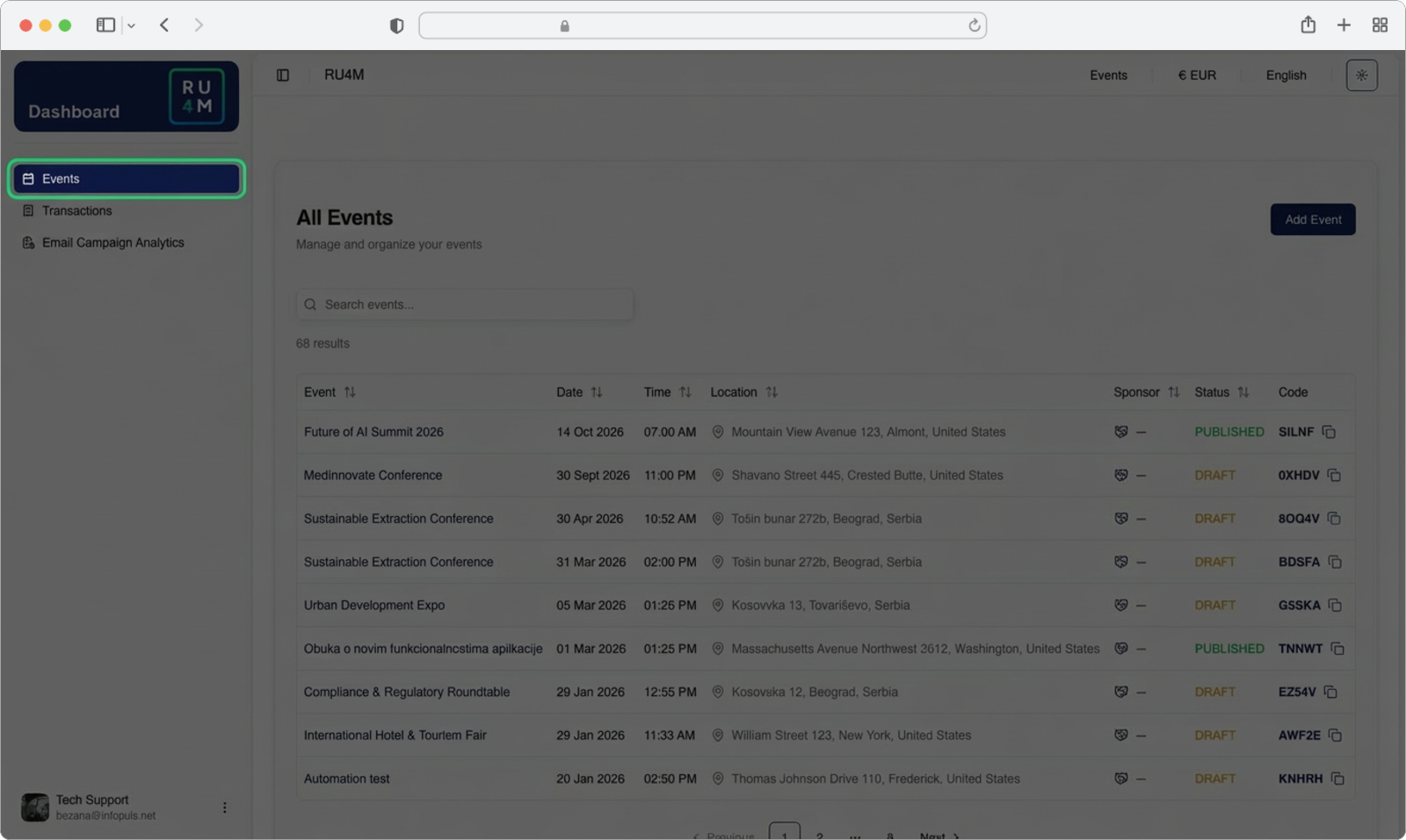 Events page showing all your events in a table