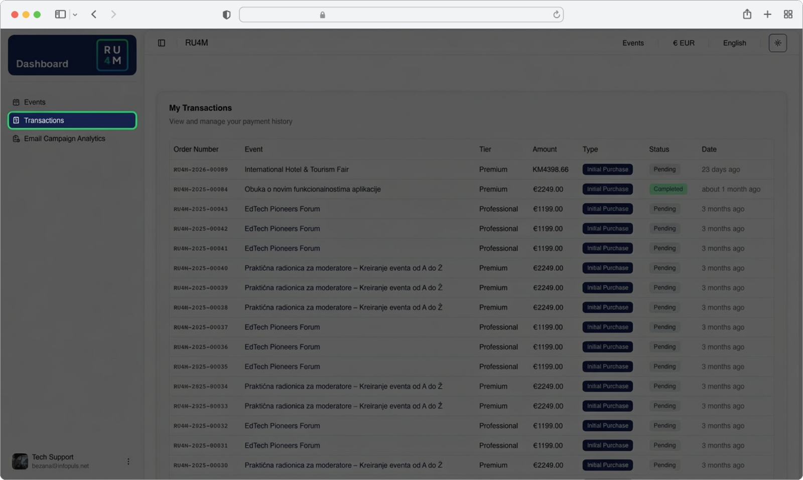 Transactions page showing payment history