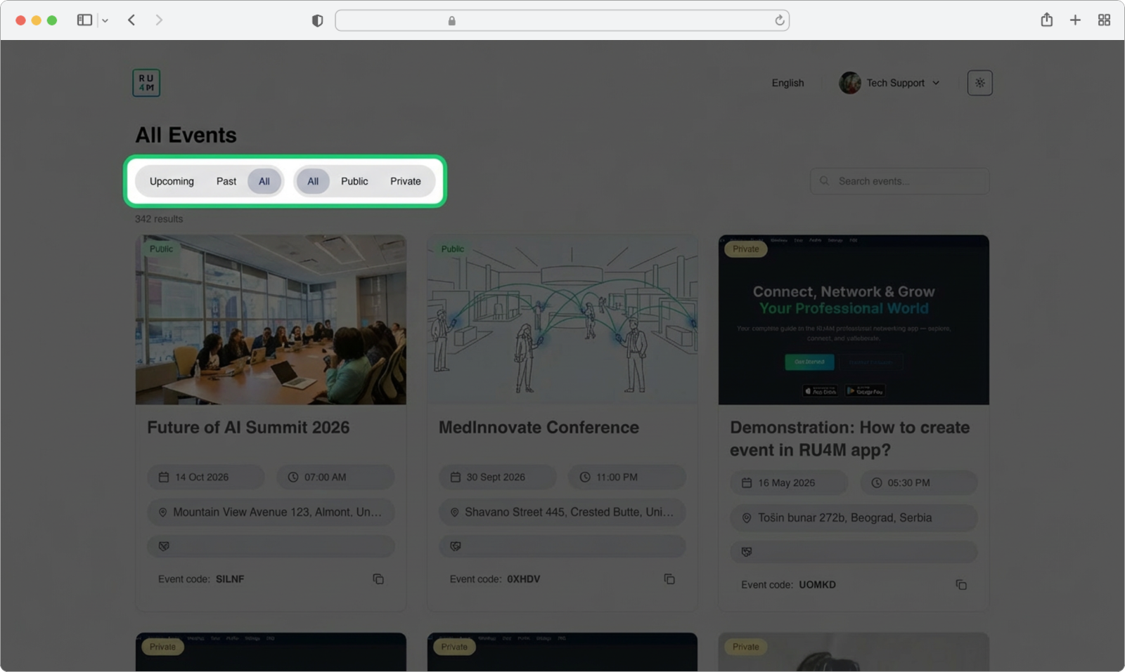 The time filter with All, Upcoming, and Past options in the top-left area