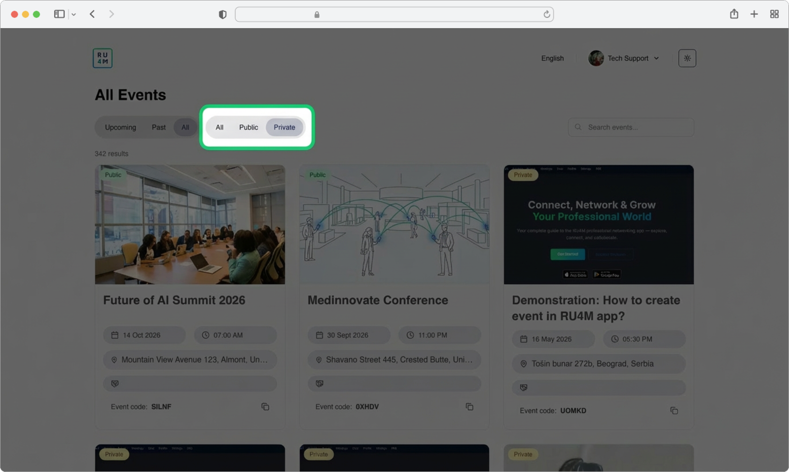 The visibility filter with All, Public, and Private options