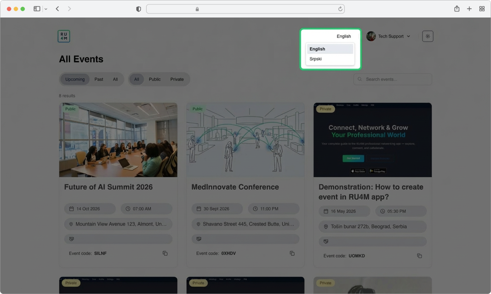 A dropdown menu showing available languages — click on the one you want