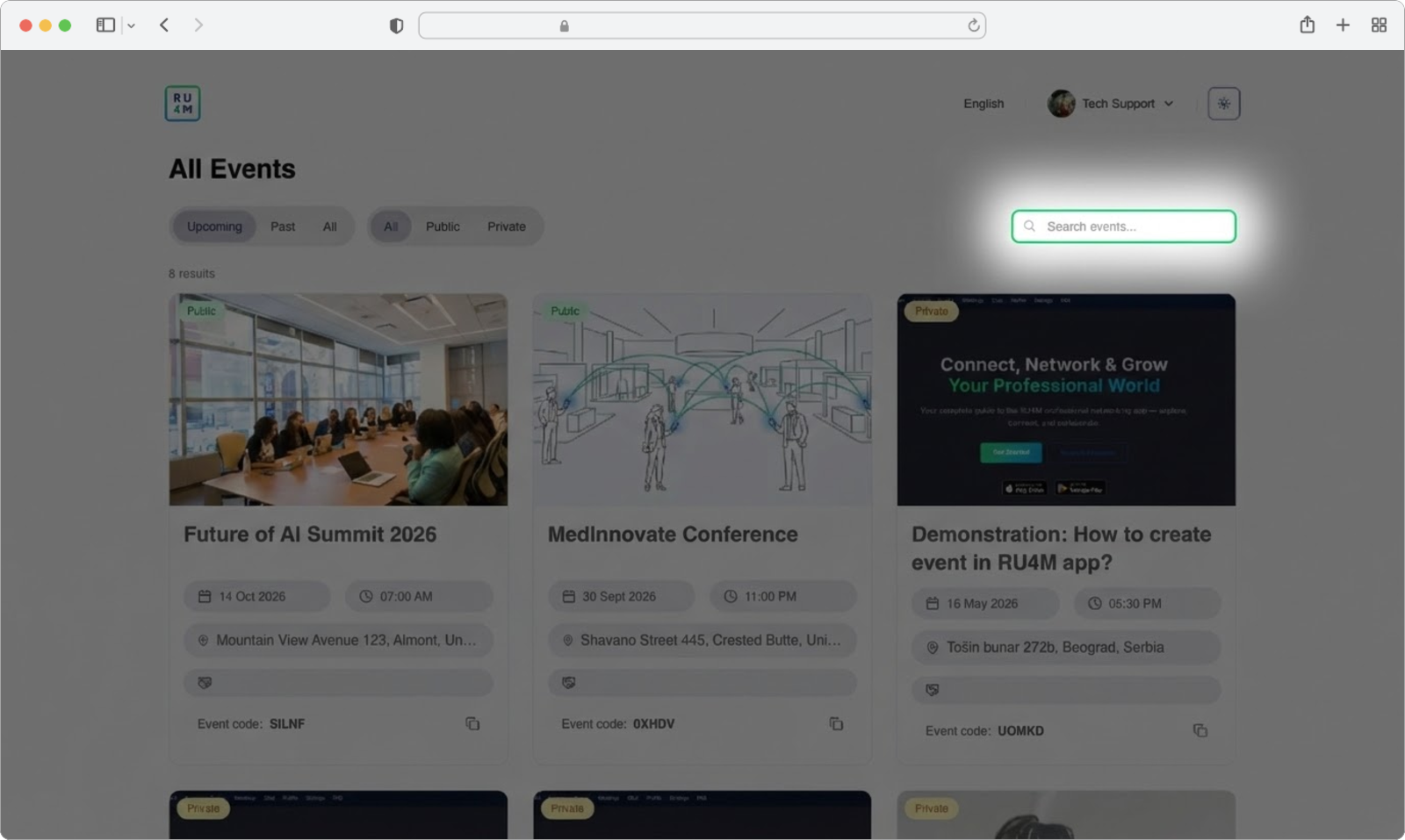 The Search events input field at the top of the events list