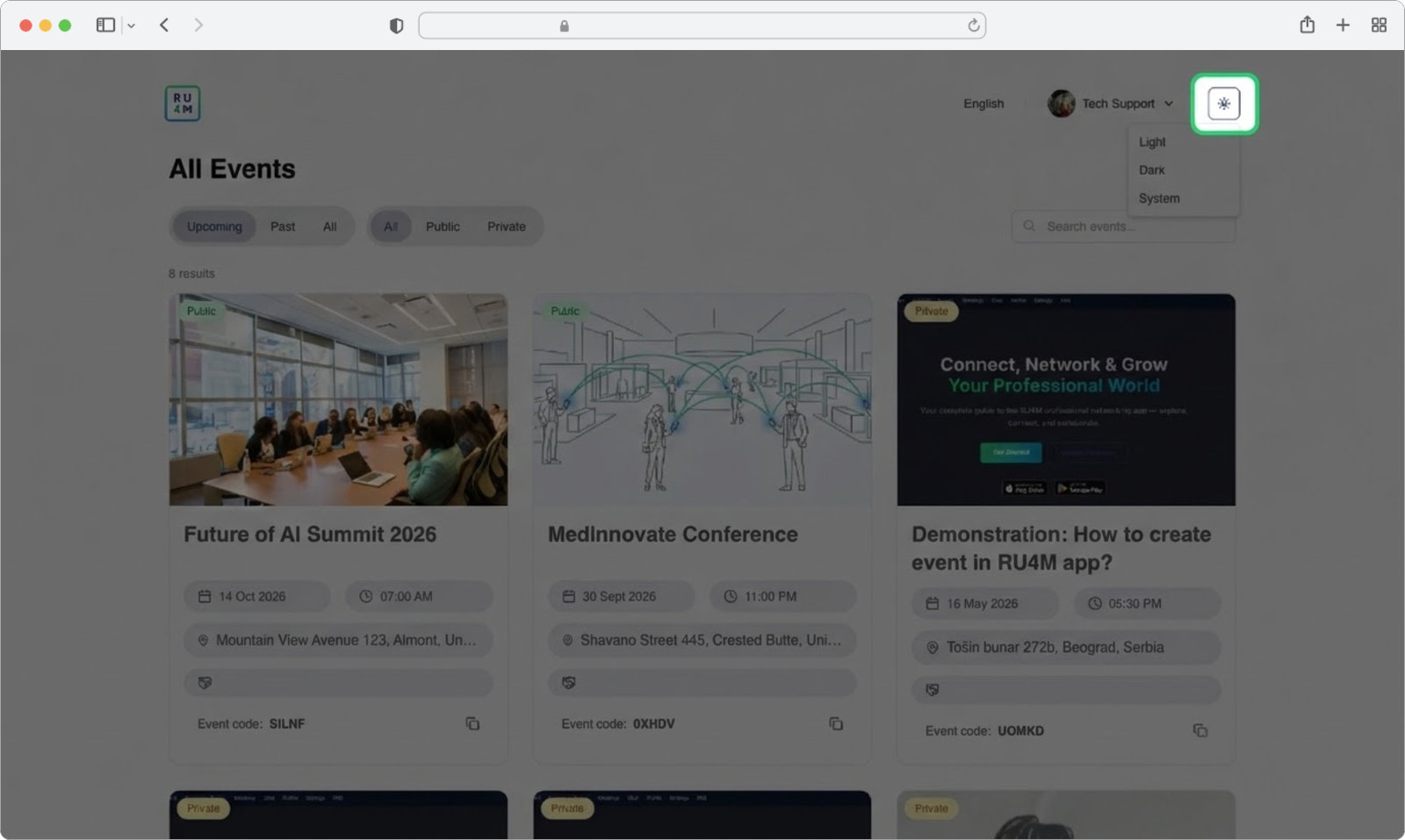 The sun icon for theme switching is located in the top-right corner of the page header