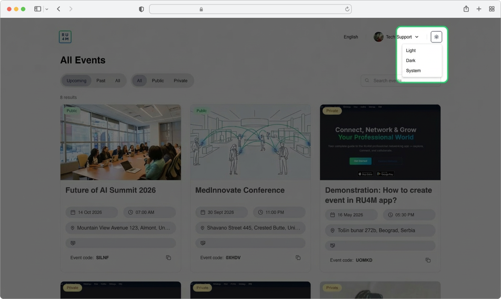 The theme dropdown showing Light, Dark, and System options