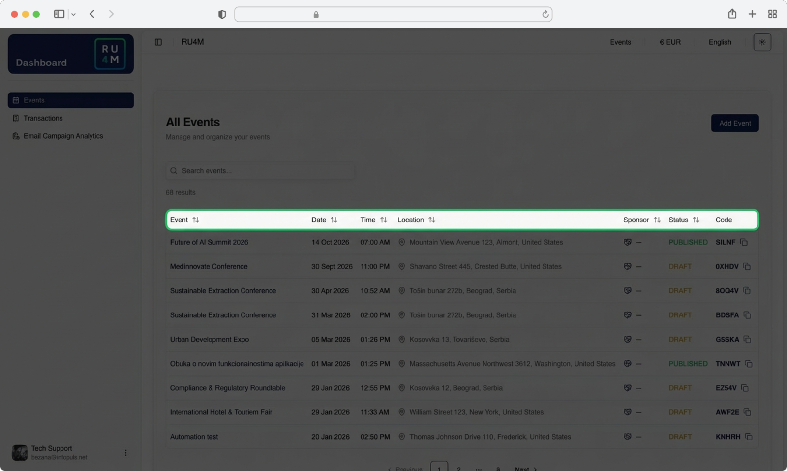 The Events Table showing all events in a grid layout with columns for name, date, time, location, sponsor, and status