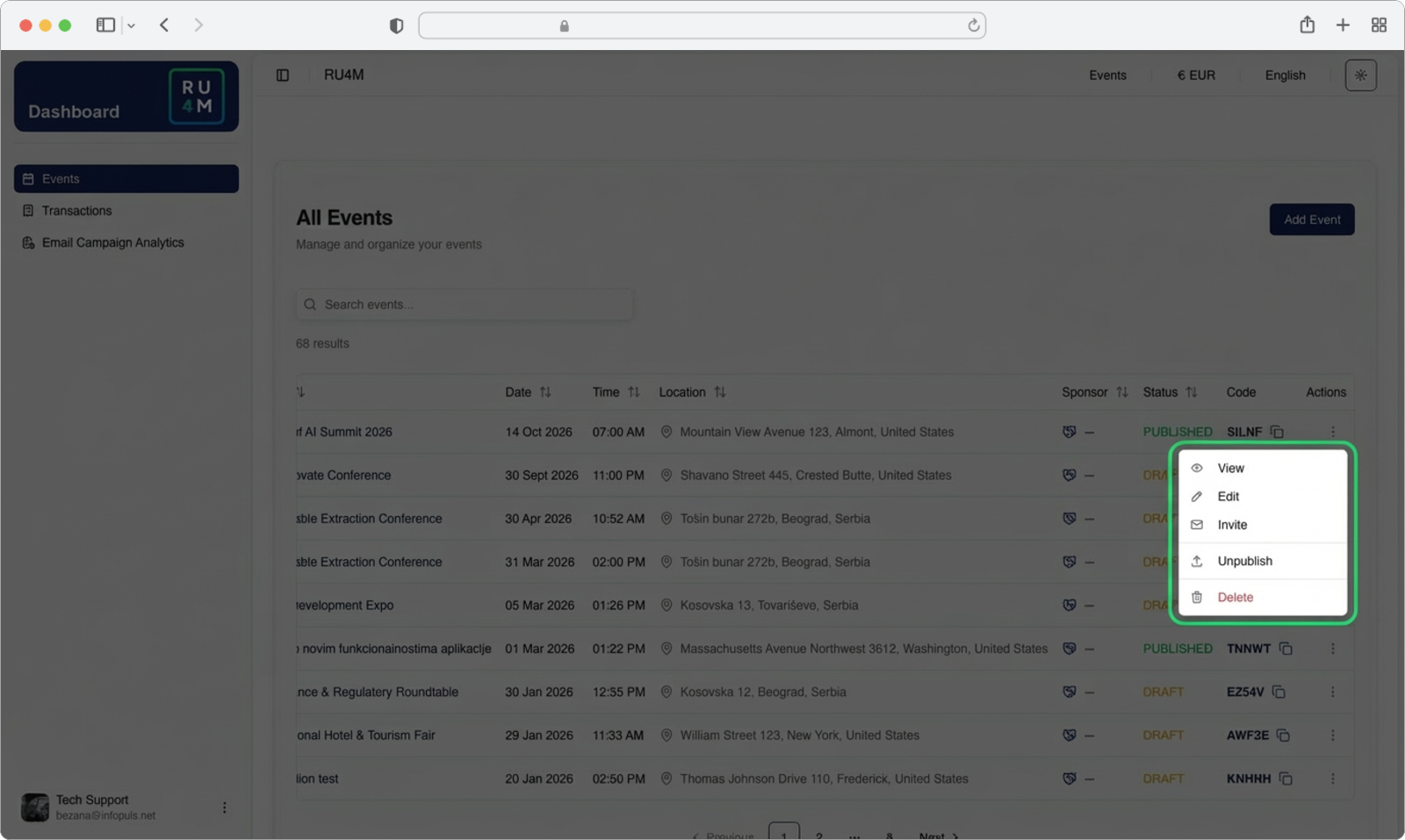 Clicking the three dots on an event row reveals a dropdown menu with Edit, Publish/Unpublish, and Delete options