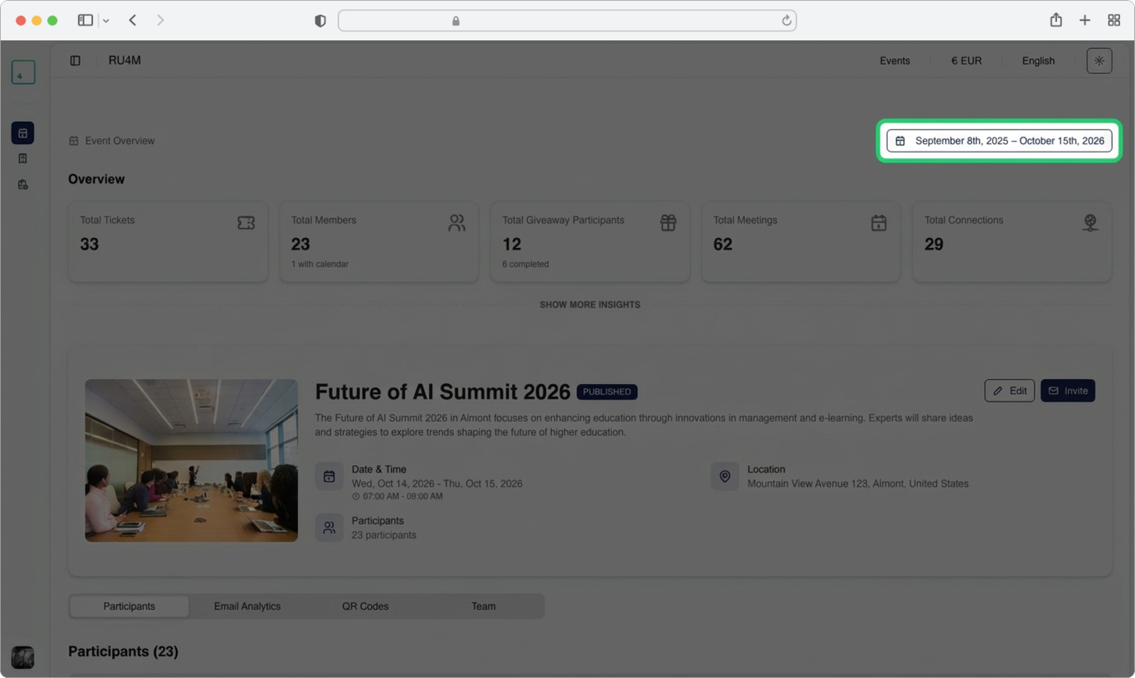 The date range selector is located in the top-right corner of the Insights section