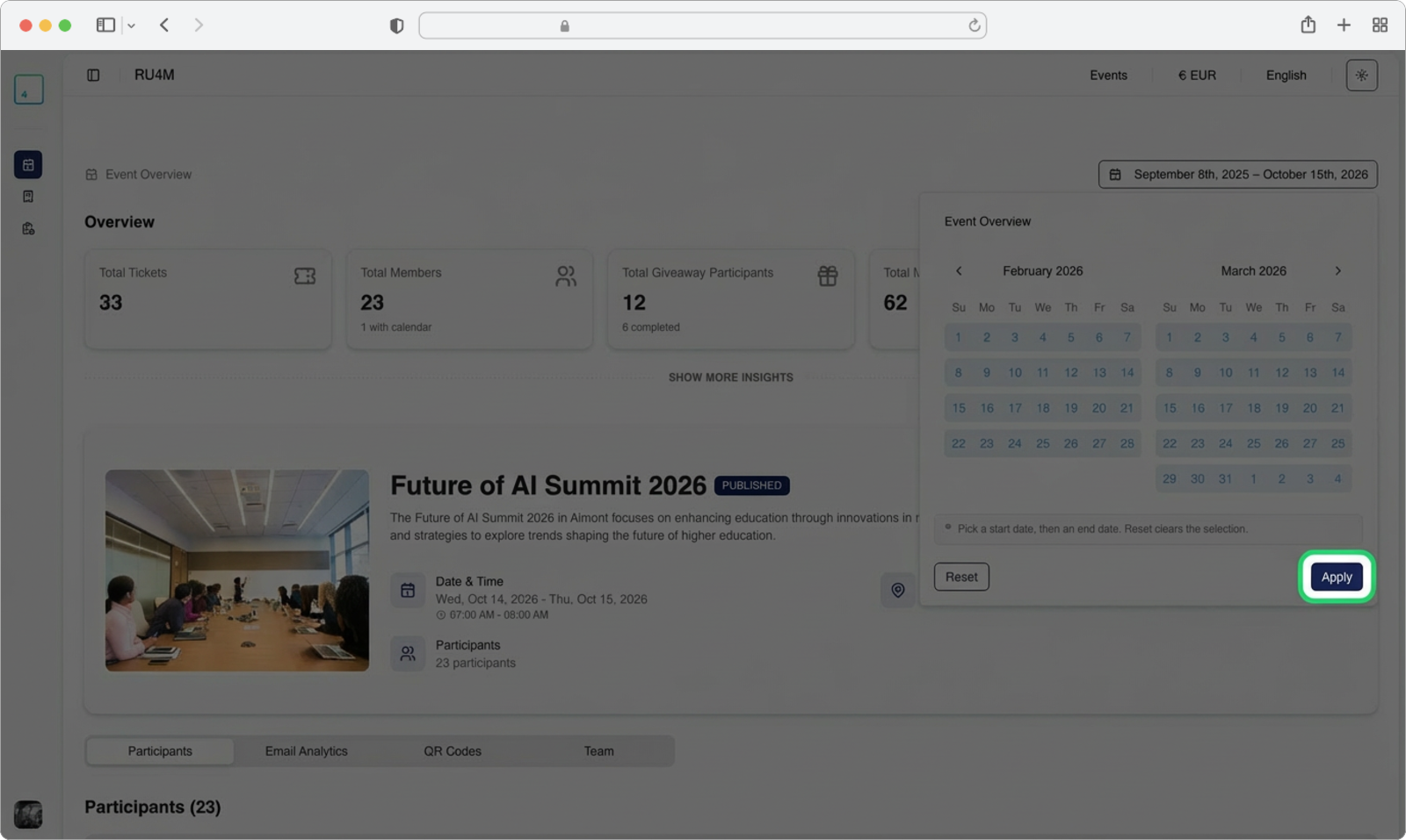 Select start and end dates on the calendar, then click Apply to filter or Reset to go back to default