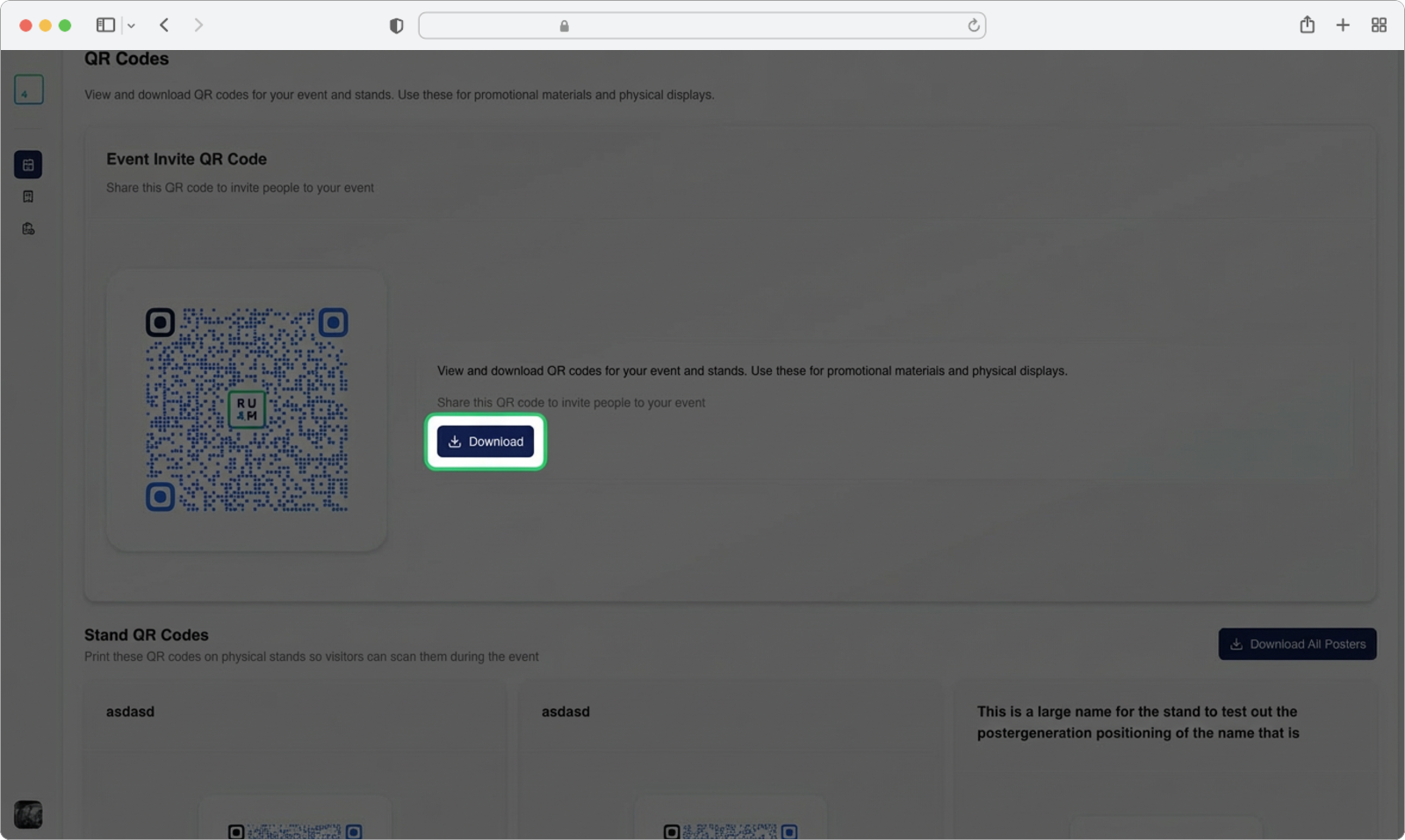 The Event Invite QR code with a Download button to save it to your computer