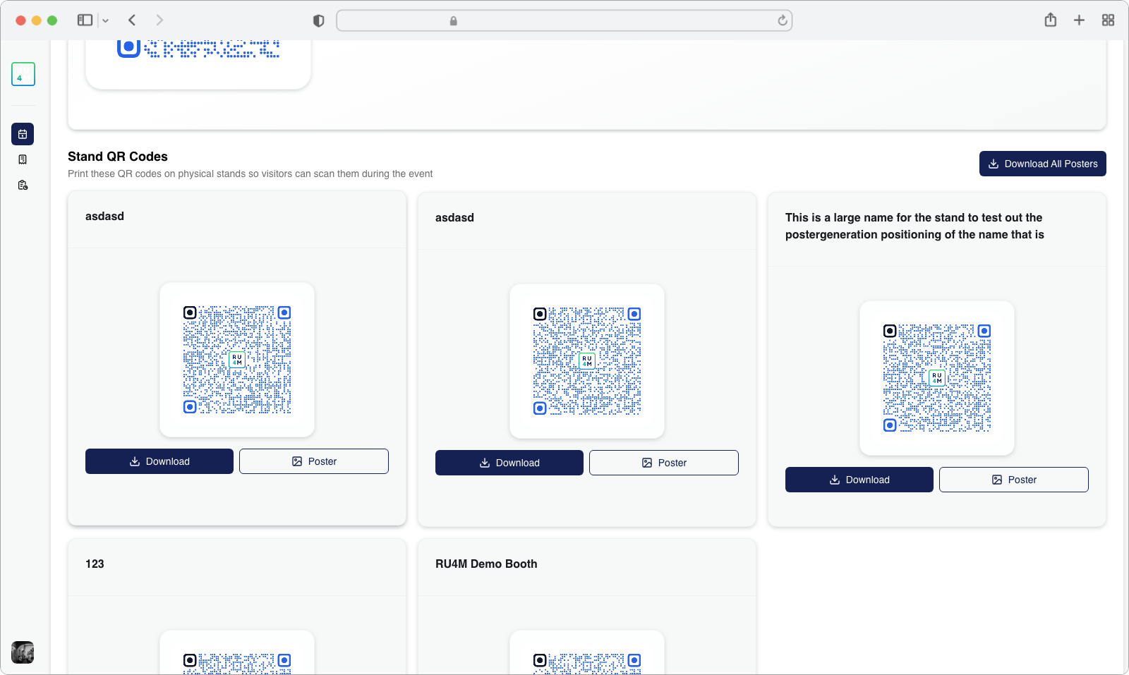 Stand QR Codes section showing individual stand cards with Download and Poster options, and a Download All Posters button in the top right