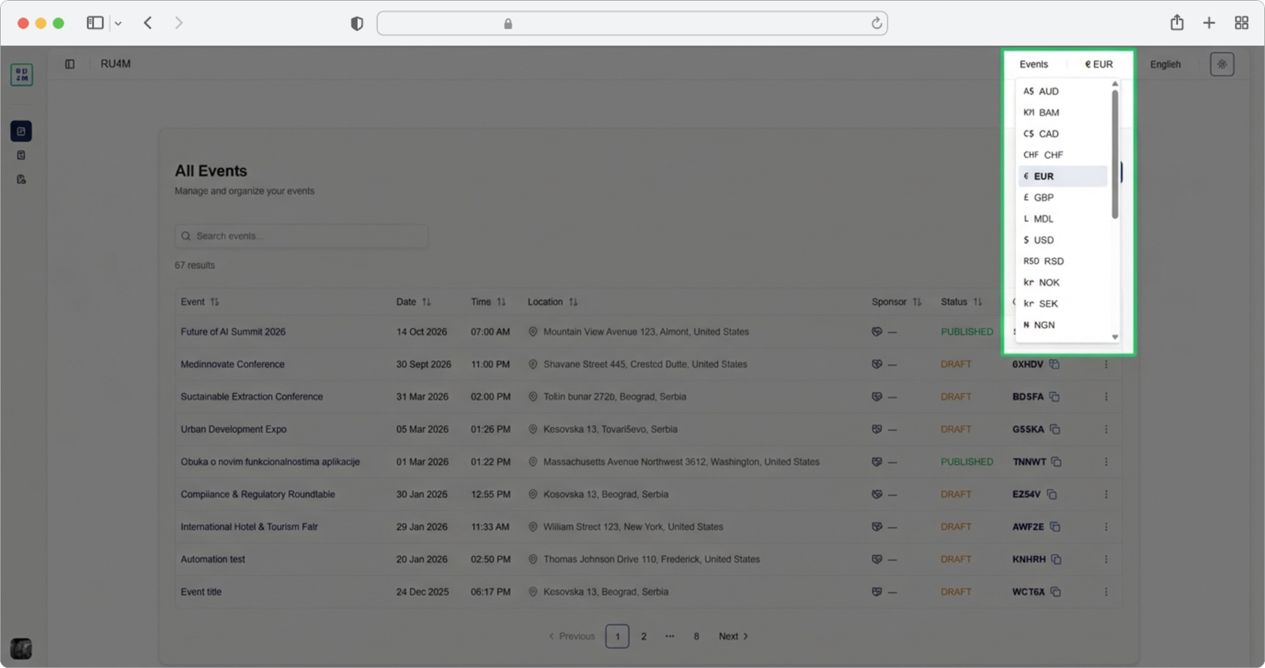 Click the currency label in the upper right corner and select your preferred currency from the dropdown menu