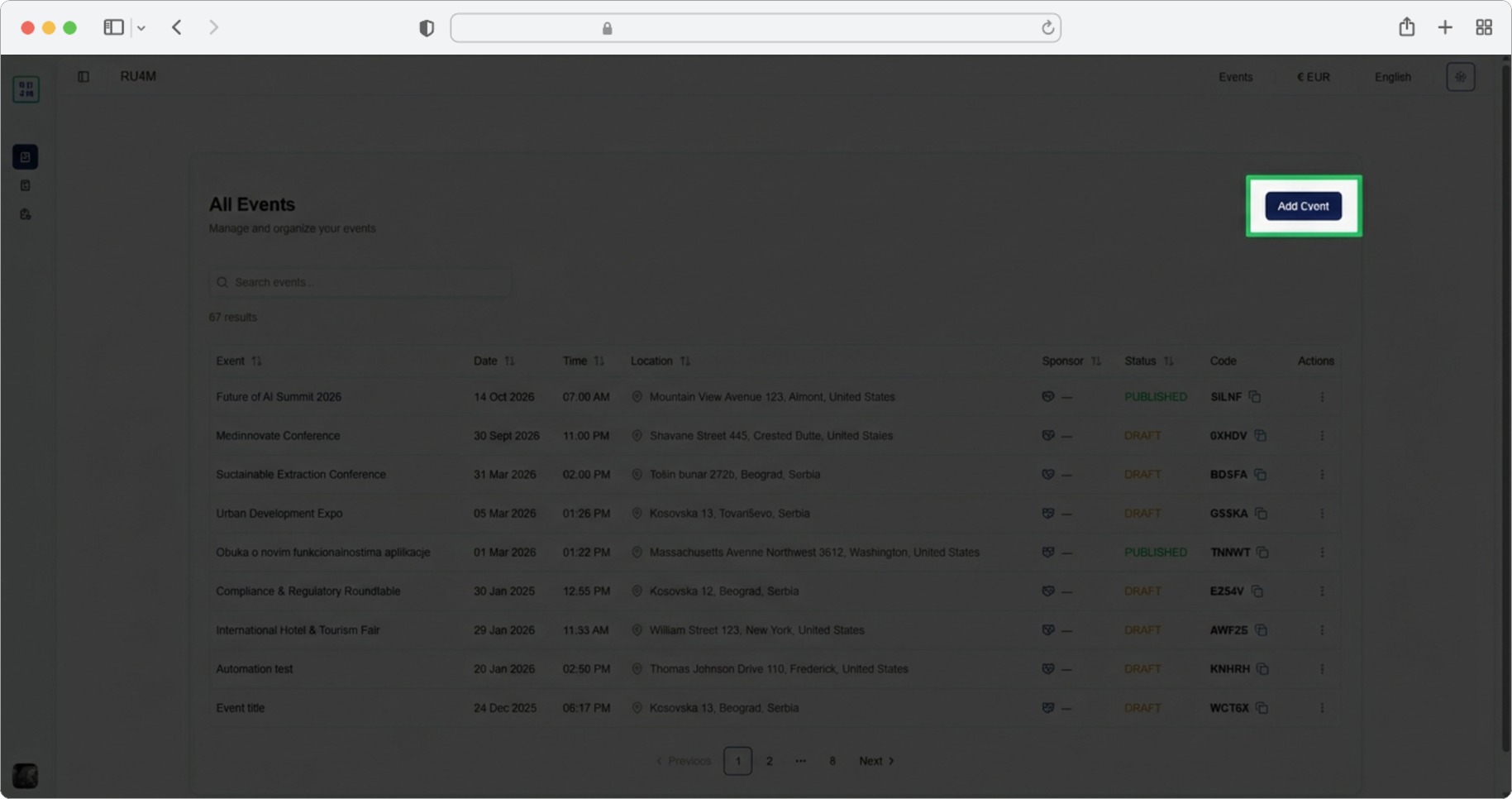 Click the "Add event" button to open the event creation modal