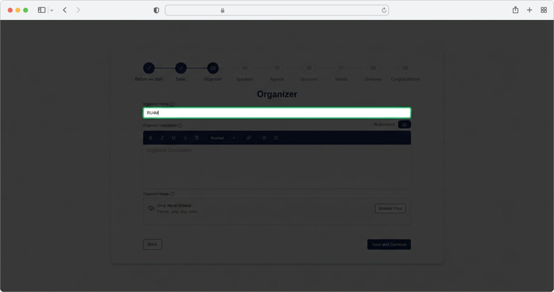 Click the "Organizer name" field and enter the name of the organizer