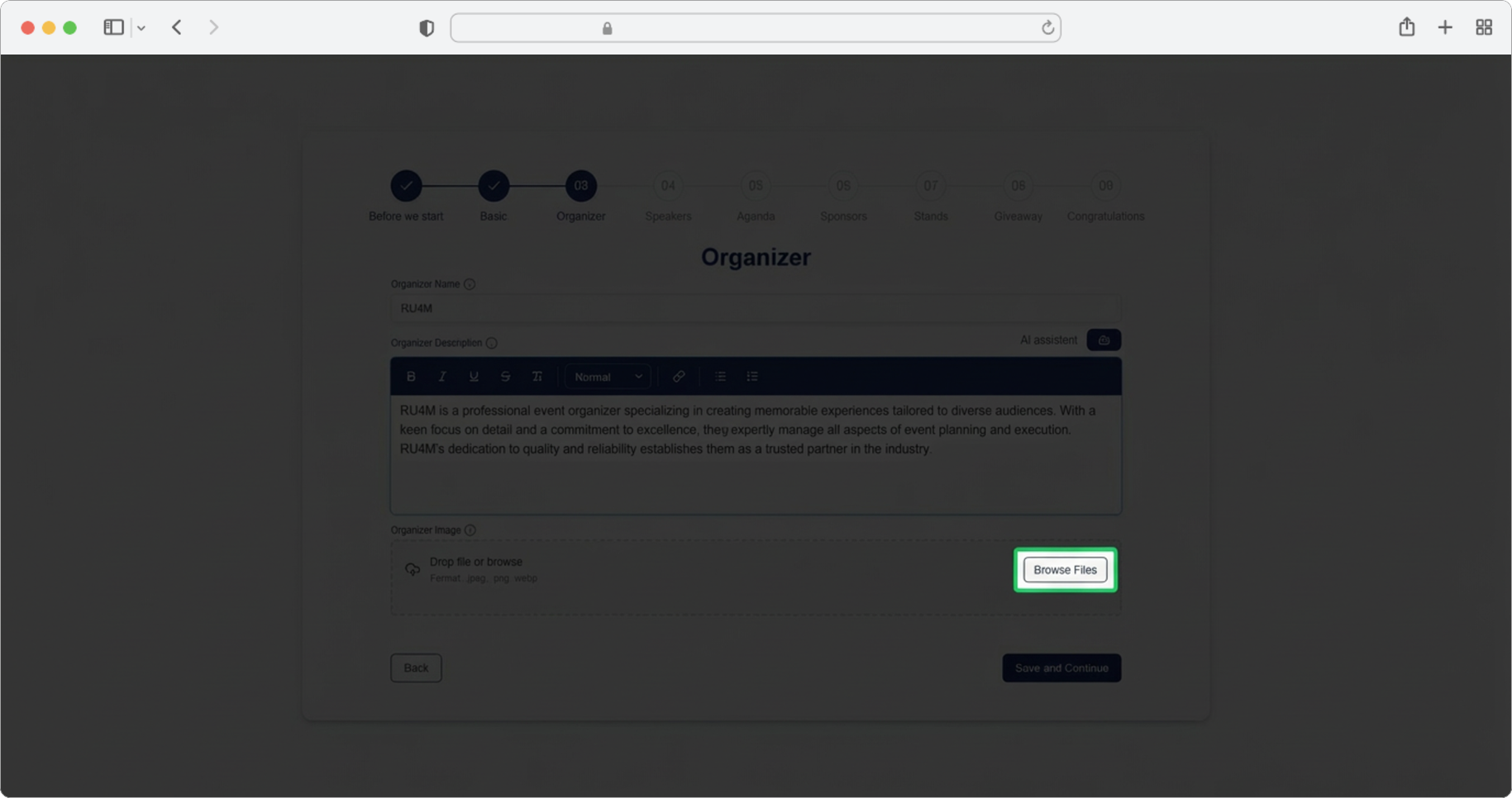 Upload the organizer's photo or logo and click "Save and Continue"