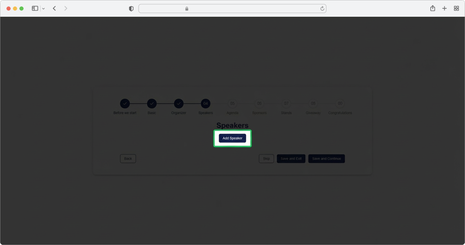 Click "Add speaker" to add speakers, or choose "Skip" or "Save and Exit"