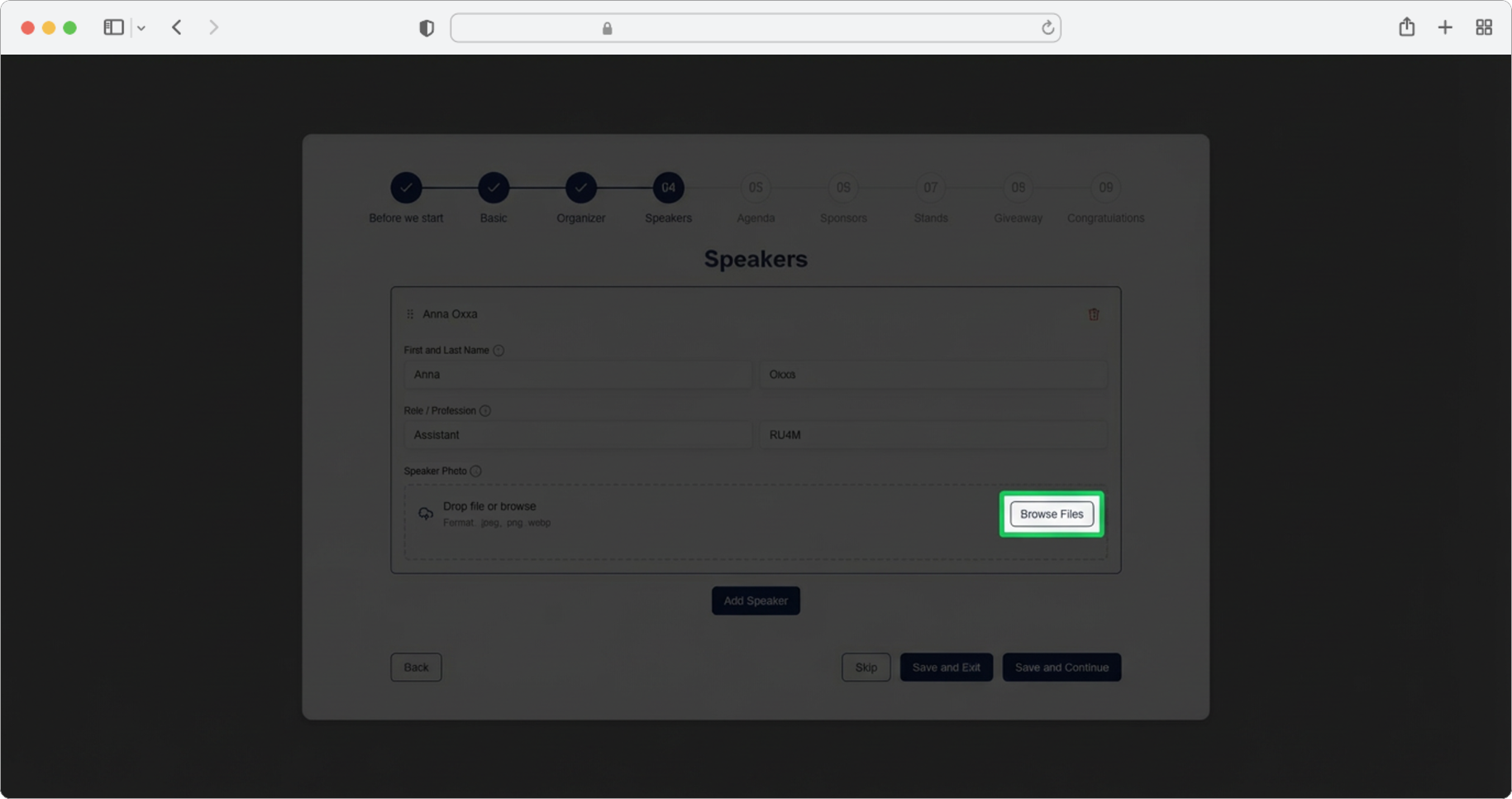 Upload a speaker photo, then add more speakers or save and continue