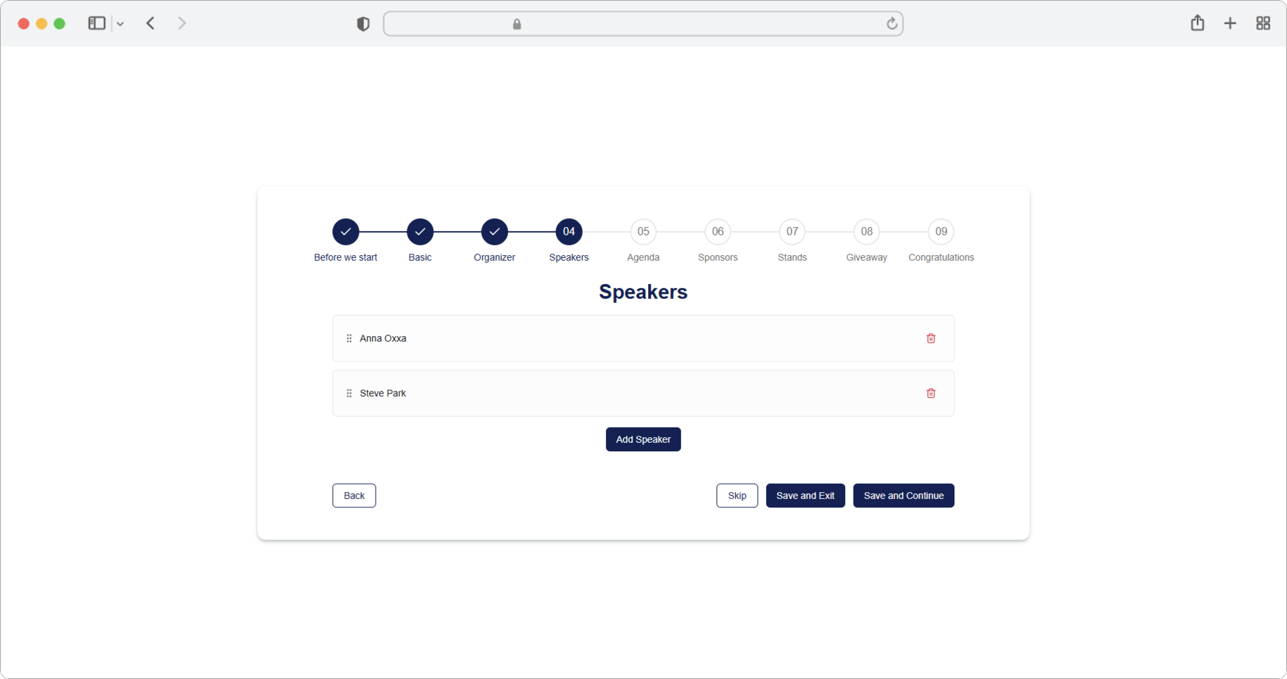 Manage multiple speakers — reorder with drag and drop, delete with the trash icon