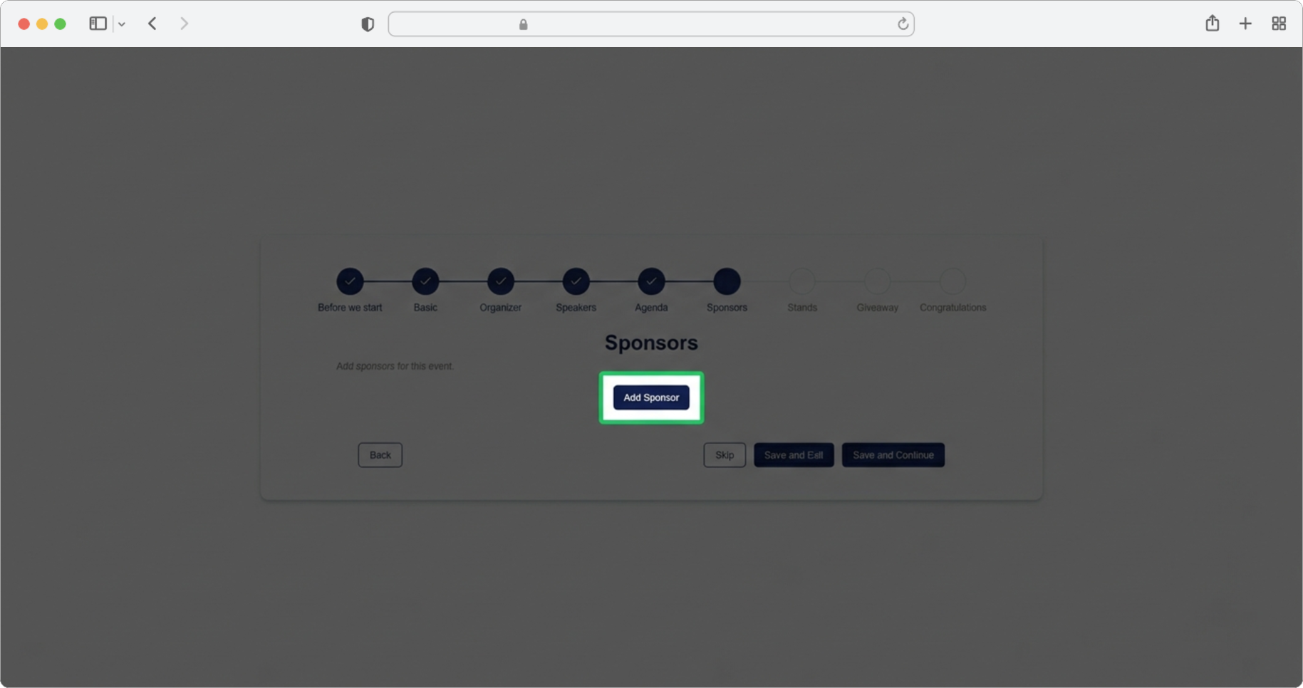Click "Add sponsor" to add sponsors, or skip/save and exit