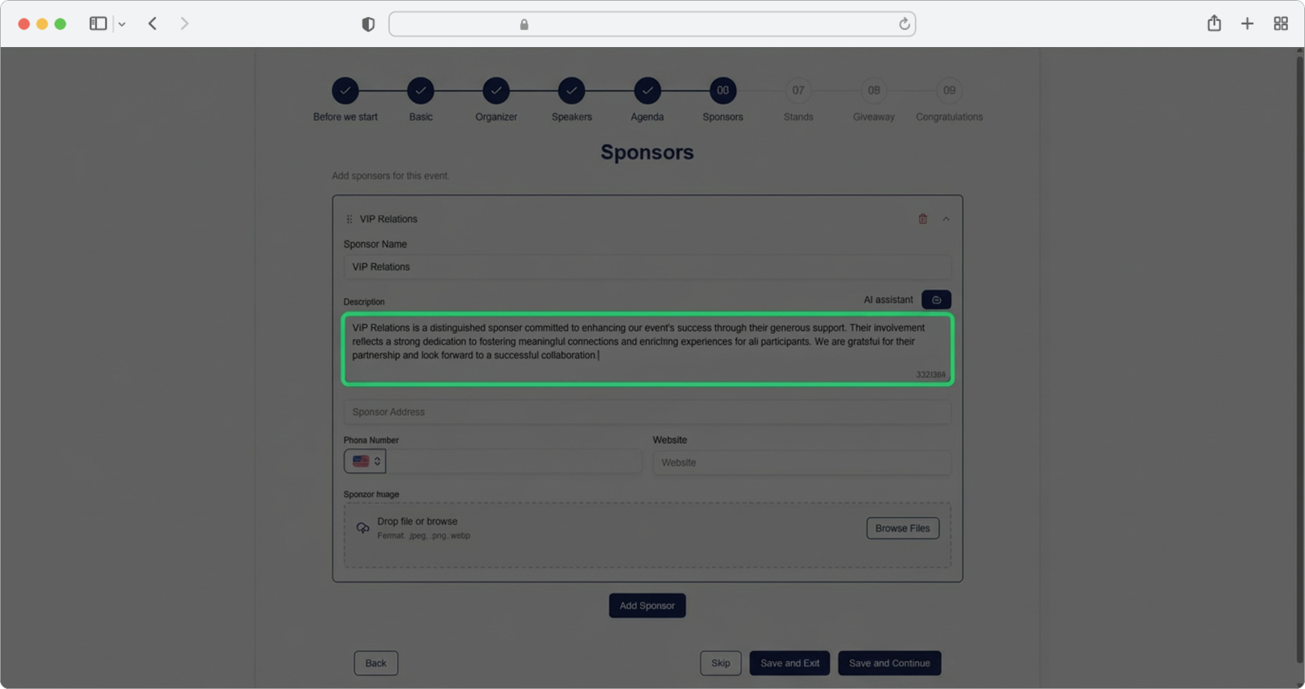 Enter a sponsor description or use the AI assistant