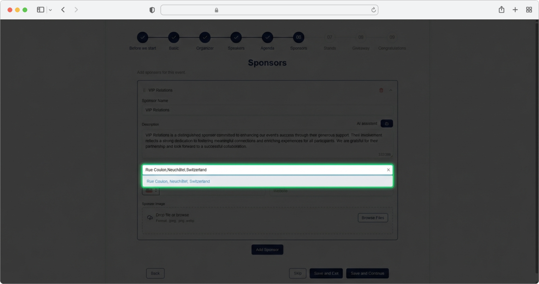 Enter the sponsor's address using the search field