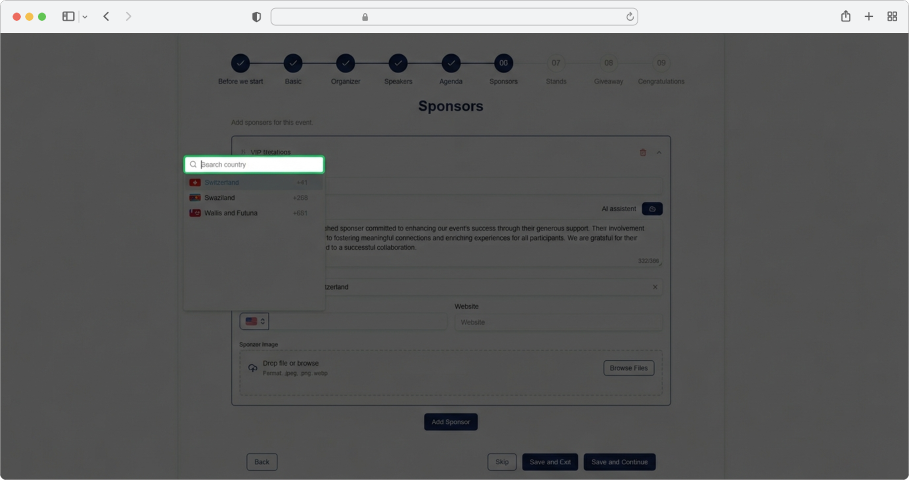 Search for a country by typing in the search field