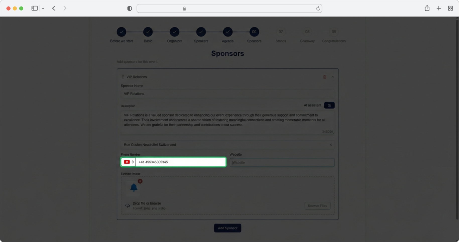 Select the country and enter the sponsor's phone number