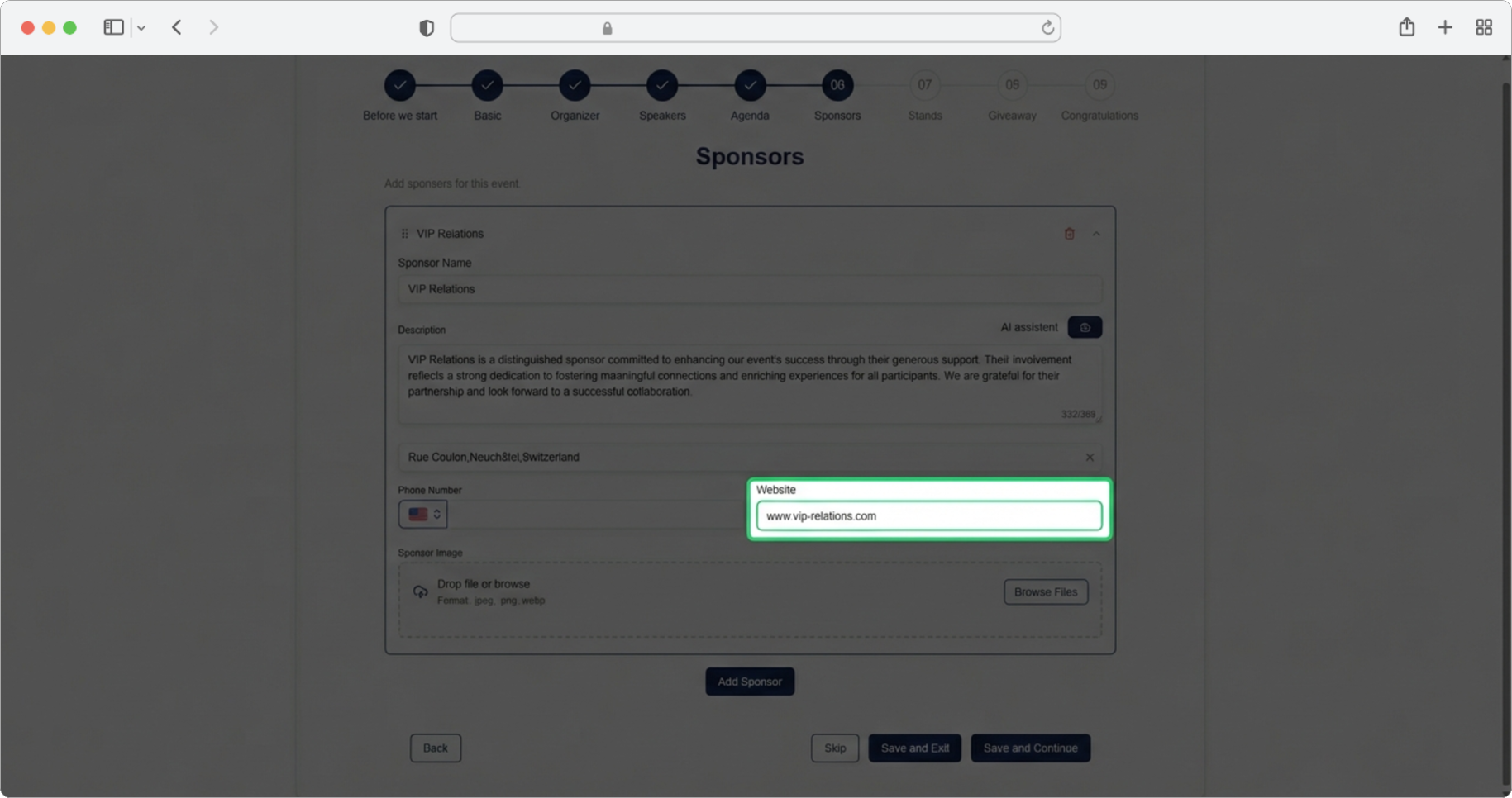 Enter or paste the sponsor's website URL
