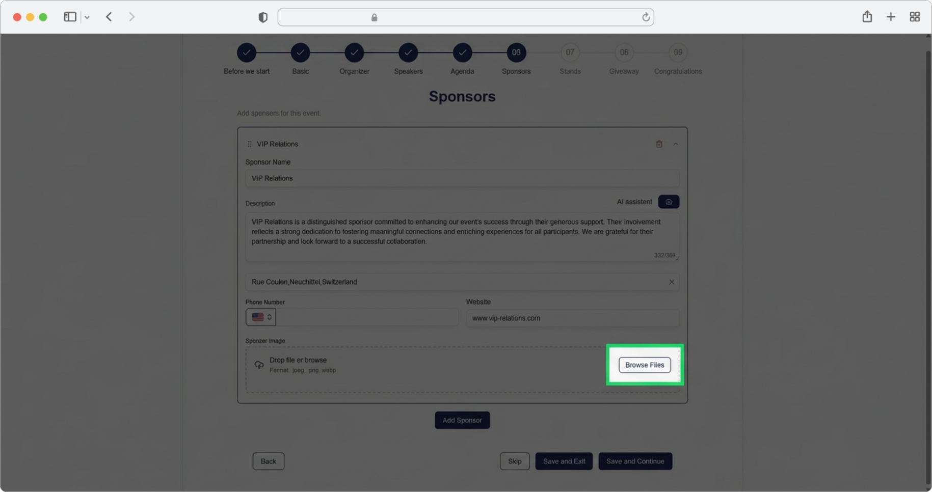 Upload the sponsor's logo, then add more sponsors or save and continue