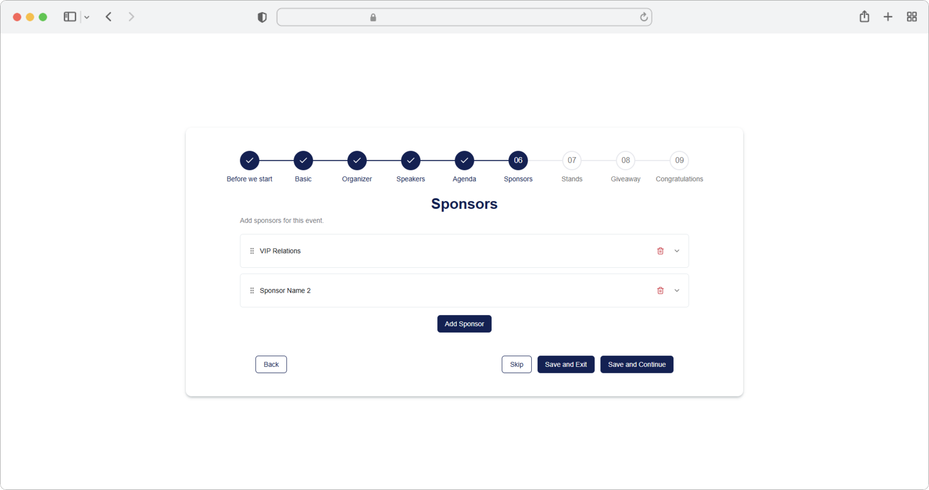 Manage multiple sponsors — reorder with drag and drop, delete with the trash icon