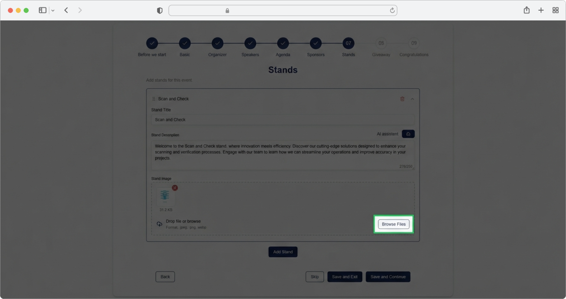 Click "Browse" to upload a stand image, then add more stands or save and continue