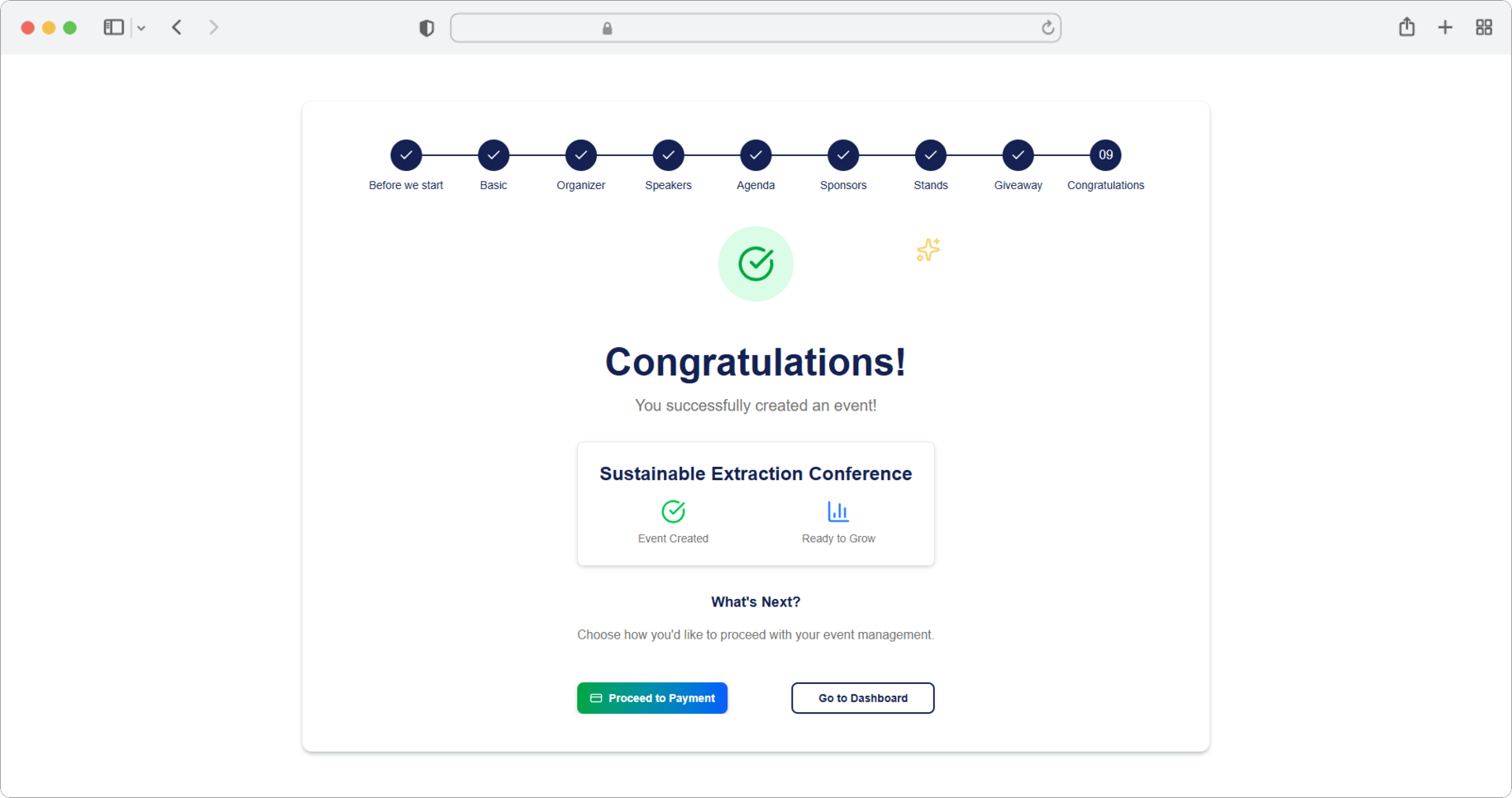 Congratulations screen showing your event was successfully created, with options to Proceed to Payment or Go to Dashboard