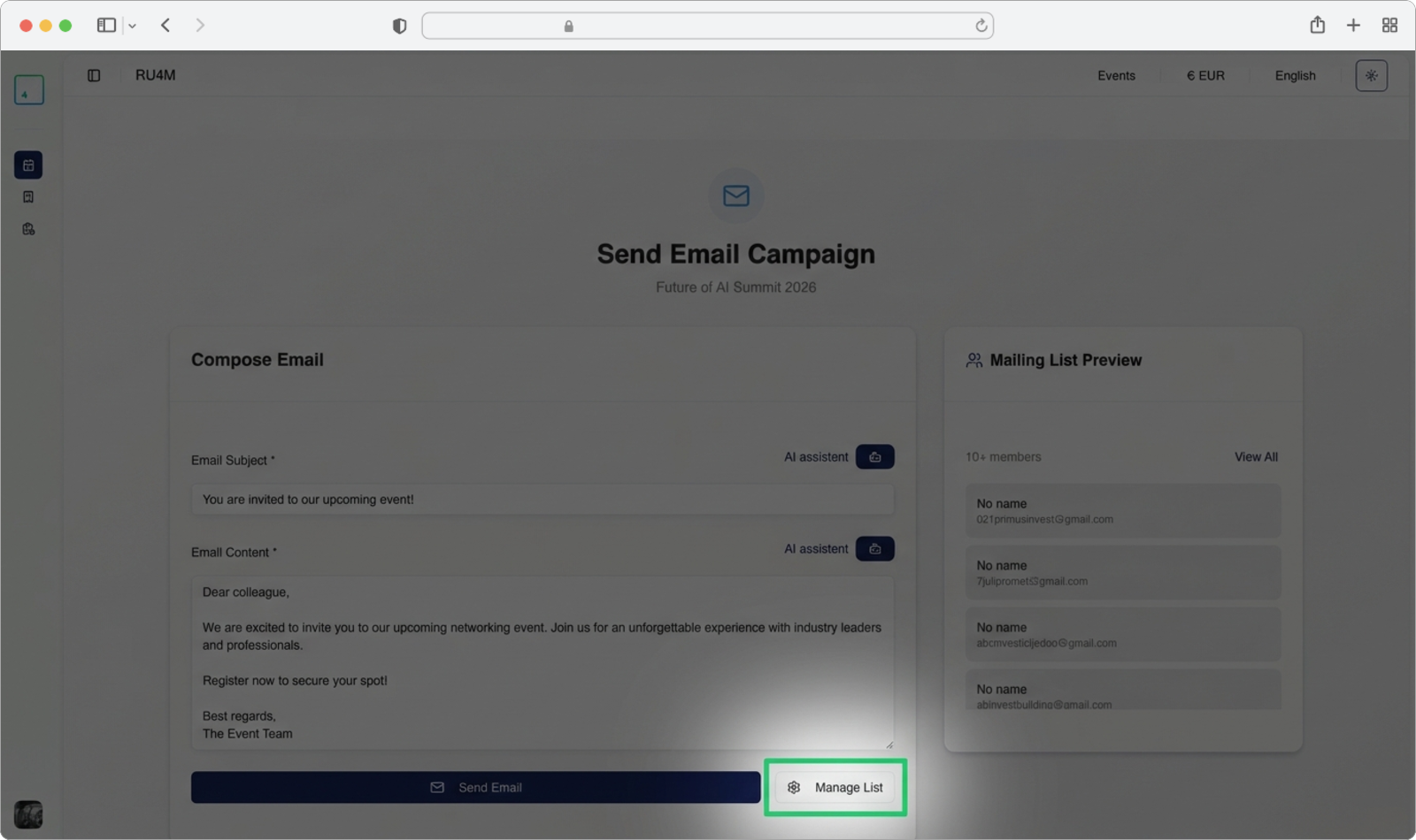Click Manage List to open the contact list manager