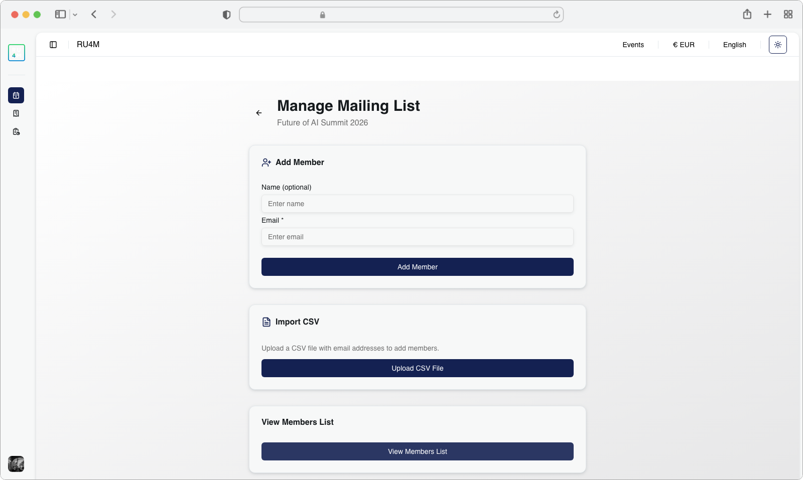 The Manage Mailing List page with three sections